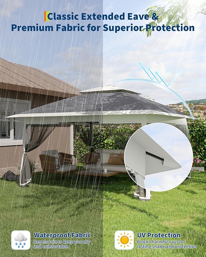 GarveeLife Canopy Tent 13x13 ft, Pop Up Gazebo One-Push Setup with 4 SandBags for Backyard Parties and BBQs, Mosquito Netting & Height Adjustable - Grey