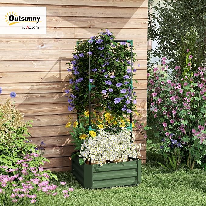 Outsunny Galvanized Raised Garden Bed, 55" Tall Outdoor Planter Box with Trellis Tomato Cage and Open Bottom for Climbing Vines, Vegetables, Flowers in Backyard, Garden, Patio, Green