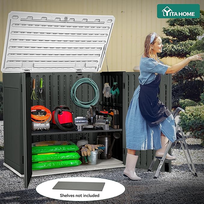 YITAHOME Large Outdoor Horizontal Storage Shed, 47 cu ft Resin Tool Shed w/o Shelf, Waterproof Outdoor Storage with Floor for Trash Cans, Garden Tools, Lawn Mower, Lockable, 4.5x2.8x3.9 ft, Dark Gray