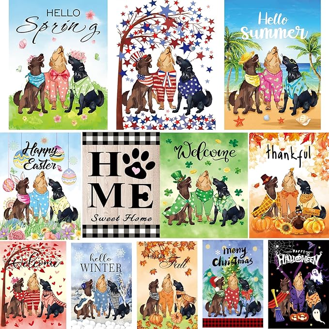 Dogs Theme 12PCS seasonal garden flags Double Sided 12 x 18 Inch Yard Flags, Small Garden Flags for Outside，Spring Summer 4th of July Easter Outdoor Flags, Holiday Garden Flags for All Seasons