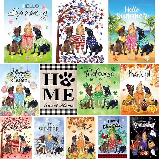 Dogs Theme 12PCS seasonal garden flags Double Sided 12 x 18 Inch Yard Flags, Small Garden Flags for Outside，Spring Summer 4th of July Easter Outdoor Flags, Holiday Garden Flags for All Seasons