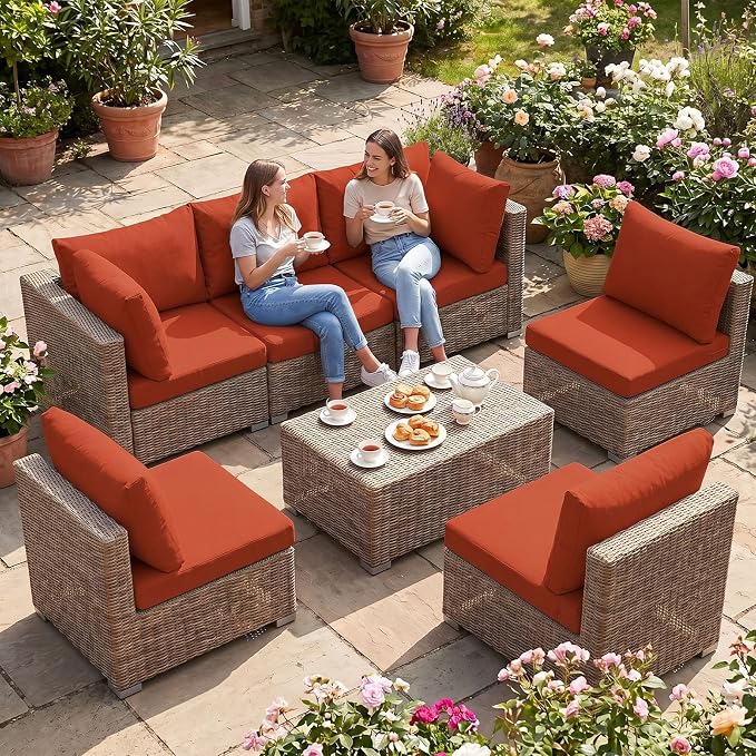 pickyNproud 14Pcs Patio Cushion Covers Stretch Outdoor Couch Cushions Slipcovers Replacement Washable Furniture Protector with Elastic Bottom Sofa Chair Seat Cover, Burnt Orange