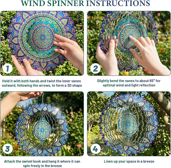 Mandala Wind Spinners Outdoor for Mother's Day, IDEA SHOW Stainless Steel Wind Spinners Outside, 3D Kinetic Hanging Sculpture, Rustproof Metal Garden Decor Ornaments for Yard Art, Women, Men, Holidays