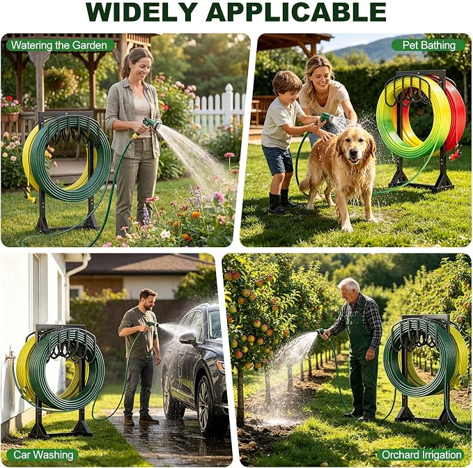HeroicLion Garden Hose Holder Holds 2 x 151FT Hoses, Heavy-Duty Metal Freestanding Hose Stand Hanger with Stable Base, Rustproof Double Water Hose Holders for Outside Yard Lawn Farm, Black