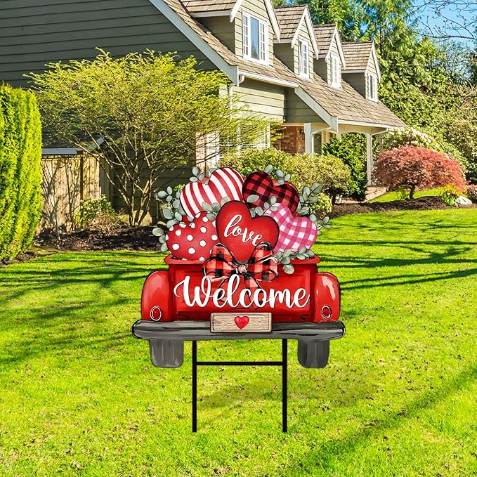 JarThenaAMCS Valentine' s Day Metal Garden Stake Welcome Yard Sign Red Love Heart Truck Decorative Lawn Sign for Wedding Anniversary Home Outside Lawn Porch Walkway Decor