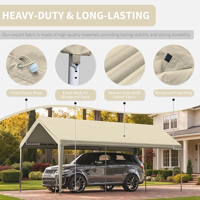 Carport Replacement Canopy Cover 12'x20' for Tent Top Garage Shelter Cover, 800D Heavy Duty Oxford Waterproof & UV Protected Car Canopy Tarp with Ball Bungees (Frame is not Included)
