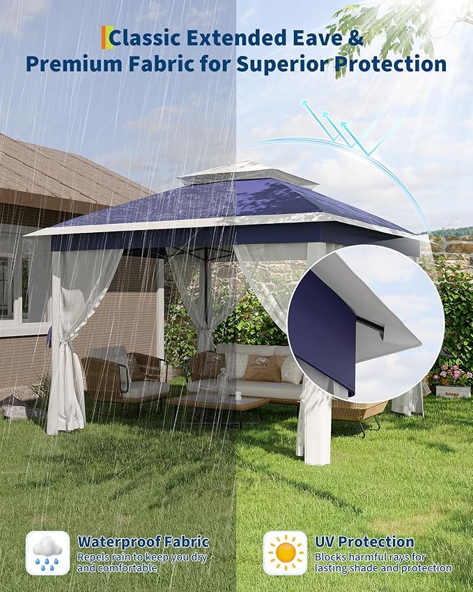 GarveeLife 11'x11 Pop-Up Gazebo, Instant Outdoor Canopy Tent with Mosquito Nettings, Durable Steel Frame, Water, and UV Proof, for Patio, Garden, Courtyard, Party (Blue)