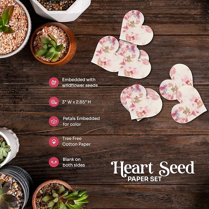 Set of 24 Pink Heart Seed Paper – Writable & Plantable Wildflower with Envelopes & Planting Guides, Mom's Gift for Mother’s Day, Use for Wedding, Baby Shower, Heart Party Favors & Easter Decorations