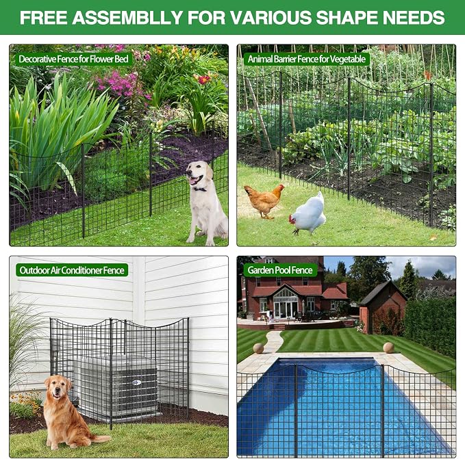 12 Panels Garden Fence Animal Barrier, 33 in(H) X 26 ft(L) Dog Fence Outdoor for Yard, Tall Metal Fencing with Ground Stakes, Temporary Fencing for Dog, Rabbits, and Patio Border