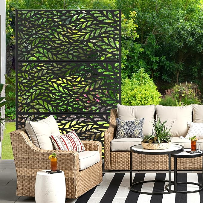 Metal Privacy Screen for Outdoor & Indoor Use, Free Standing Privacy Screen for Patio Garden Pool, 72" H x 47" W Decoative Privacy Panels, Weather Resistant, Easy Assembly (Black Spring Leaf)