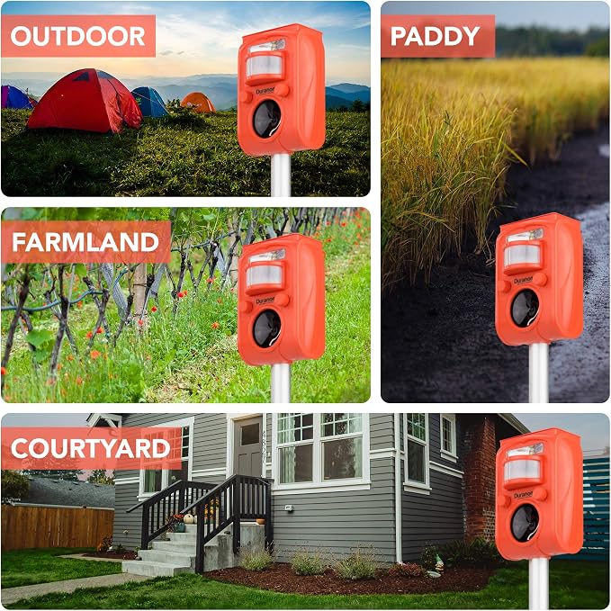 DURANOM Solar Animal Repeller – Ultrasonic & Strobe Motion Sensor Deterrent for Deer, Raccoons, Cats, Dogs – Outdoor Garden Protection, Solar Powered & USB Rechargeable