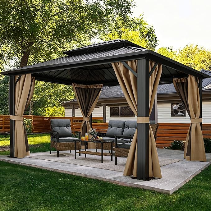 YITAHOME 10X12FT Hard Top Metal Gazebo Patios Double Roof Canopy Aluminum Frame Garden Gzebo Tent Curtains Netting for Patios Backyards Decks Lawns Brown