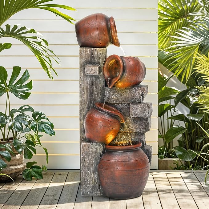 AUTODAYA 31.5" H Outdoor Water Fountain with LED Lights and Pump, Cascading Pitchers Farmhouse Garden Fountain Waterfall for Patio, Porch, or Yard