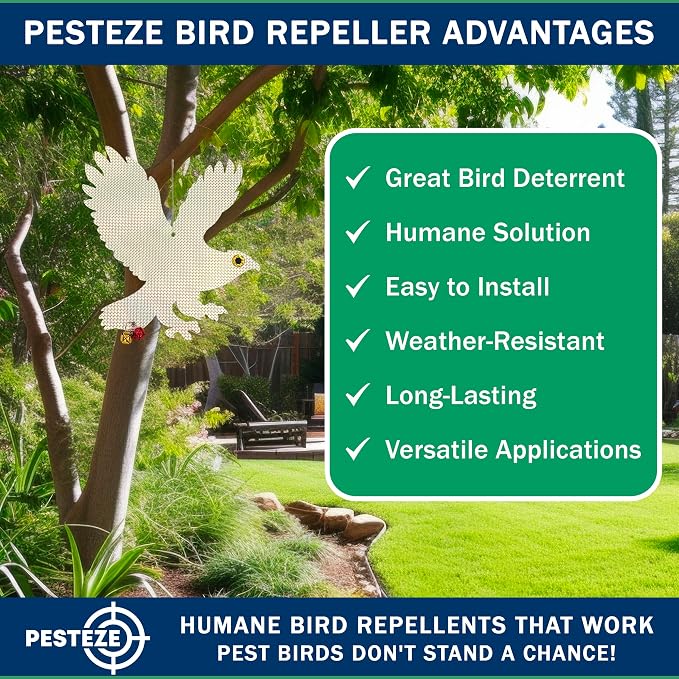 PESTEZE USA Owl Bird Repellent Holographic Decoy with 2 Bells [12.5 × 16 in] Uses Reflective Shine and Sound to Deter Woodpeckers, Pigeons, Crows, Ducks, Geese & Outdoor Pests Safely Around Your Home