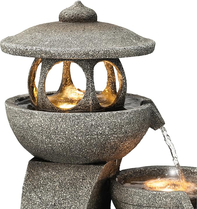 Glitzhome Pagoda Outdoor Water Fountain with LED Light, 4-Tier Oversized Cascading Stacked Stone Waterfall Fountains, Natural Stone Look Outdoor Fountain for Garden Patio Porch, 32”H
