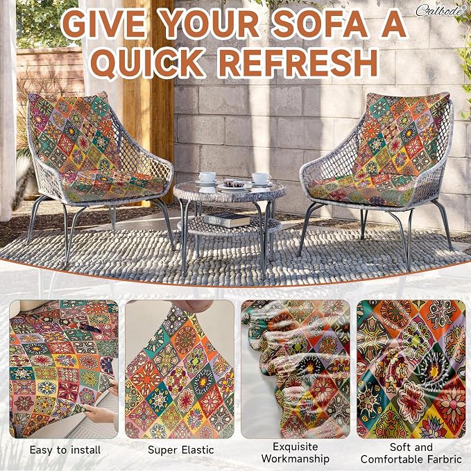 CALBODE 12Pcs Stretch Patio Cushion Cover, Bohemian Colored Geometric Pattern Couch Covers for Patio Furniture Cushions Washable Reusable Couch Covers Replacement for Fall Winter(Cover Only)