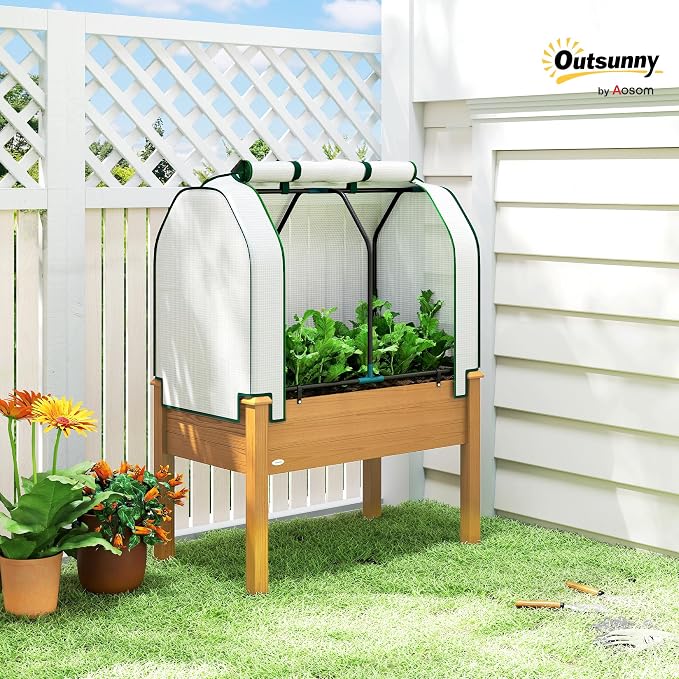 Outsunny Raised Garden Bed with PE Greenhouse Cover Outdoor Elevated Wood Planter Box for Herbs and Vegetables, Use for Patio, Backyard, Balcony, 35 x 22 x 47 inch, Sand