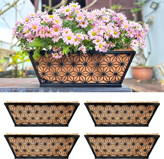 LaLaGreen Window Boxes Planter for Outdoor Plants (4 Pack, 16 Inch) Black Metal Rectangular Flower Pot Wall Planters with Coco Liner Horse Trough Deck Railings Modern Stylish Balcony Fence Porch Patio