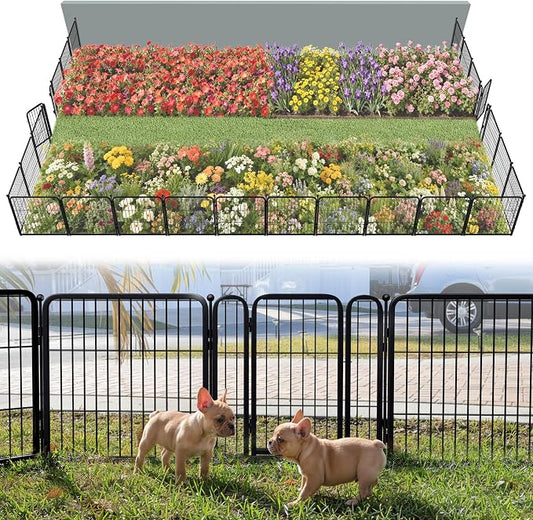 FXW Garden Fence Outdoor for the Yard – 24in(H) x 45.6ft(L) Heavy Duty Metal Animal Barrier for Dog, No Dig Decorative Dog Fence, 24 Panels, Black