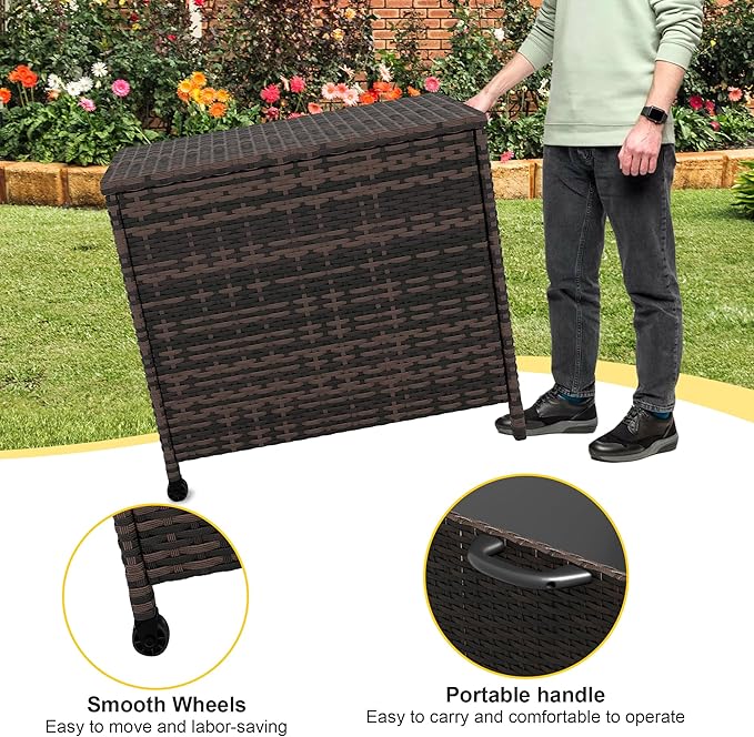 Large Deck Box Waterproof PE Rattan Outdoor Storage Box with Handles and Wheels, Storage Bin for Garden, Balcony, Porch, Pool, Yard (Brown, 80 US Gallon)
