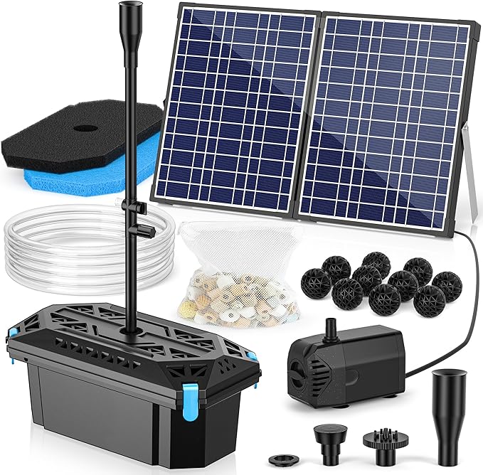 NFESOLAR 30W Solar Pond Filter Fountain Pump Kit, 200 GPH Submersible Water Pump with 7 Nozzles, 16.4ft Power Cable & 6.6ft Water Tubing, for Koi Ponds, Fish Tanks, Backyard Garden Decor