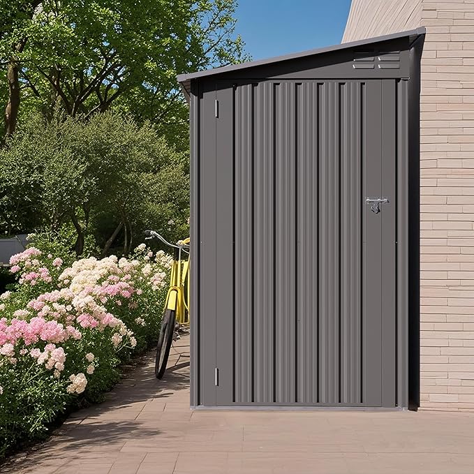 YOPTO 4x9 FT Outdoor Storage Shed,Lean to Metal Shed W/Window,All Weather Waterproof Garden Storage Shed W/ 6 Air Vents & 1 Lockable Door,Weatherproof Tool House W/Sloped Roof,for Lawn,Gray
