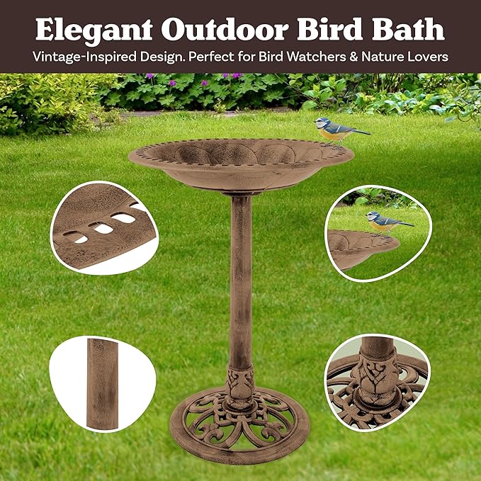 Pure Garden 50-LG1074 Antique Bird Bath-Weather Resistant Resin Birdbath with Vintage Scroll Design, 3 Ground Stakes for Garden, Outdoor Decor (Bronze)