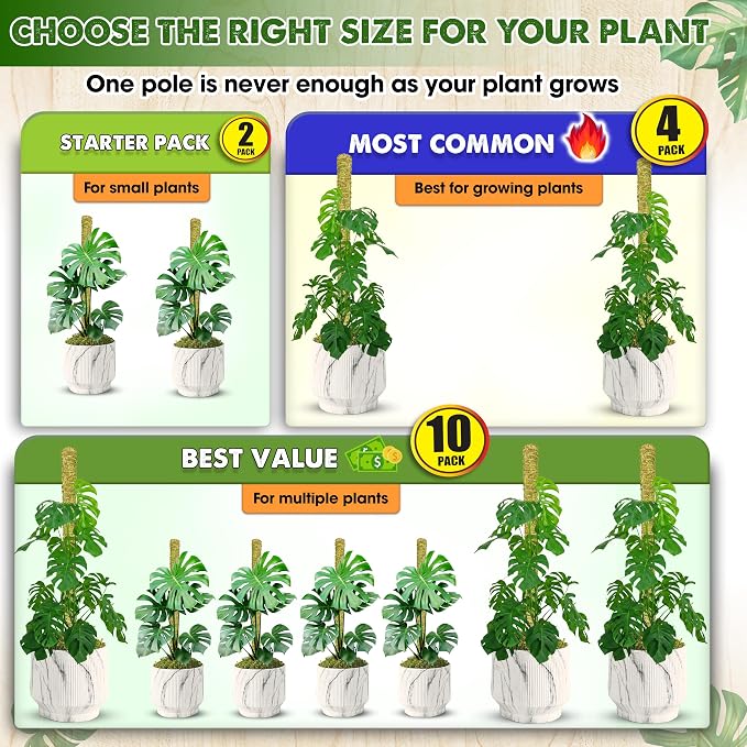 DUSPRO Natural Stackable Moss Pole for Plants Monstera Potted Plant Stakes for Indoor Plants Extendable Plant Pole Moss Sticks for Plants Climbing Vine Supporting Monstera Trellis 4Pcs 22''