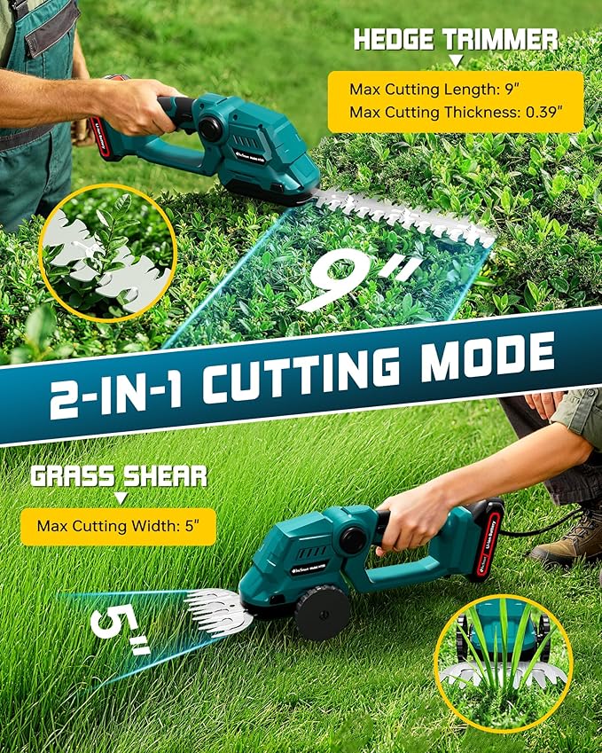 9'' Hedge Trimmer Cordless with Battery, 2-in-1 Electric Handheld Grass Shear Cutter with 2 Pack Rechargeable Battery, Mini Bush Trimmer Kit for Garden Yard Lawn Pruning, Gifts for Mother’s Day