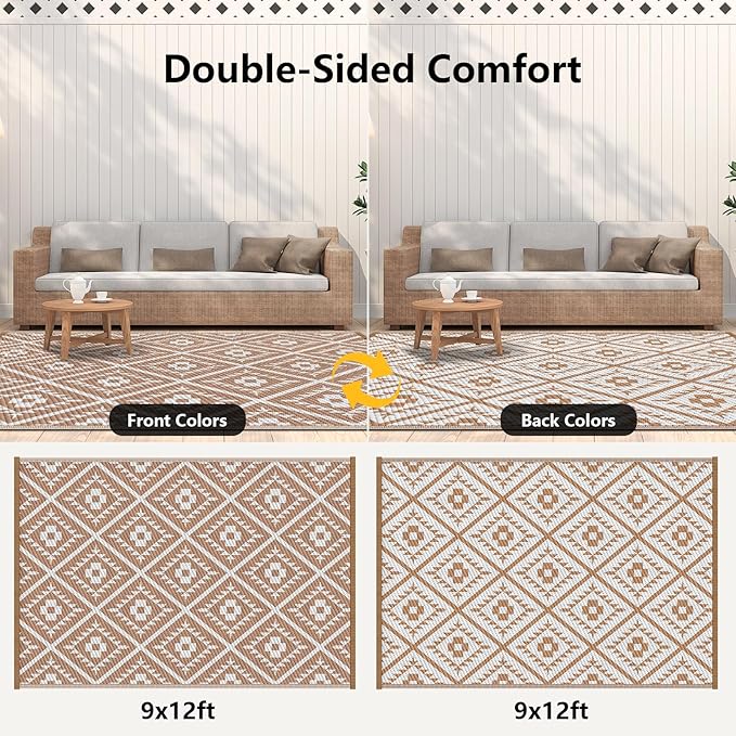 COOLTOP 9'x12’ Outdoor Rug for Patios Porches, Waterproof Plastic Camping Rugs, Modern Reversible Mat, Large Area Rugs for Backyard, Deck, RV, Balcony, Picnic, Beach, Khaki & White