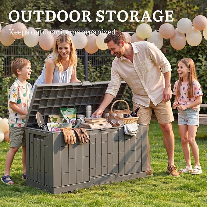 YITAHOME 60 Gallon Resin Deck Box, Weather Resistant Outdoor Rattan Storage Box with Slide-Locking Lid, Lockable Indoor Outdoor Storage for Supplies and Essentials, Taupe