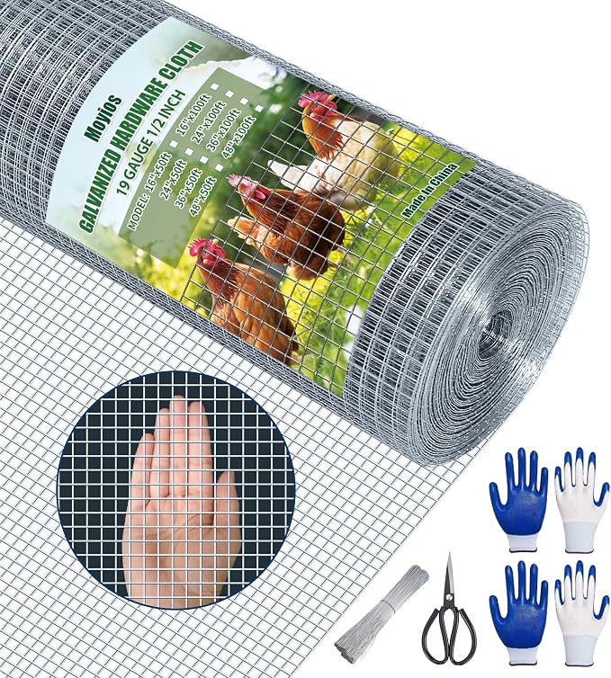 Hardware Cloth 1/2 Inch 48 in x 50 ft 19 Gauge, Hot Dip Galvanized Wire Mesh Rolls Welded Chicken Wire Fencing for Chicken Coop Barrier, Poultry Netting Cage Wire Fence(1/2 inch 48''× 50')