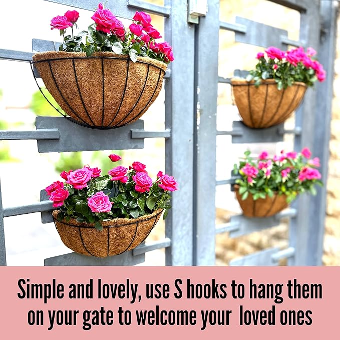 LaLaGreen Bundle- 2 Pack, 12 Inch + 2 Pack, 14 Inch Metal Wire Hanging Planters with Coco Liner Wall Mount Round Flower Herb Basket Outdoor Fence Rail Balcony Deck Porch Plant Pot Holder Garden Decor