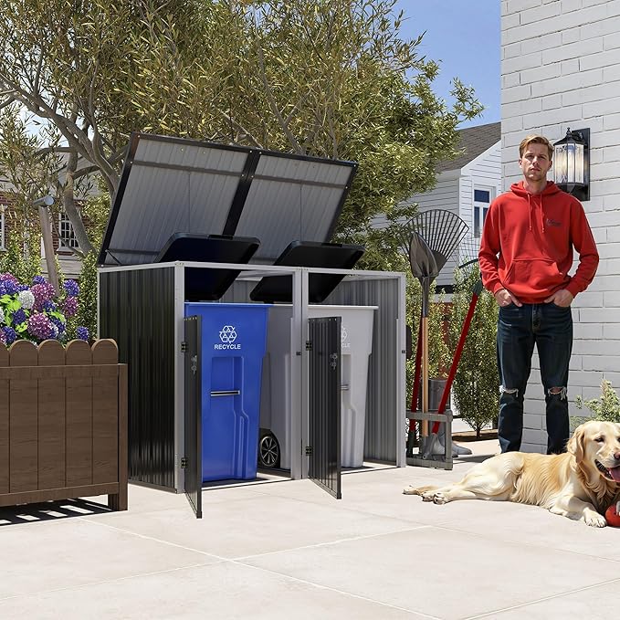 KEIKI 54 Cu.Ft Outdoor Trash Can Storage Shed for 2 Bins, Galvanized Metal Garbage Bin Enclosure with Hydraulic Lid & Dual Chain Design, Weather-Resistant, Dark Gray