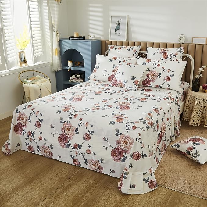 FADFAY Sheets Set Twin Shabby Beige Floral Bedding Elegant Peony Sheets Set Vintage Flower Bedding Collections Soft 100% Egyptian Cotton 800 Thread Count Deep Pocket Fitted Sheet, 4Pcs-Twin Size