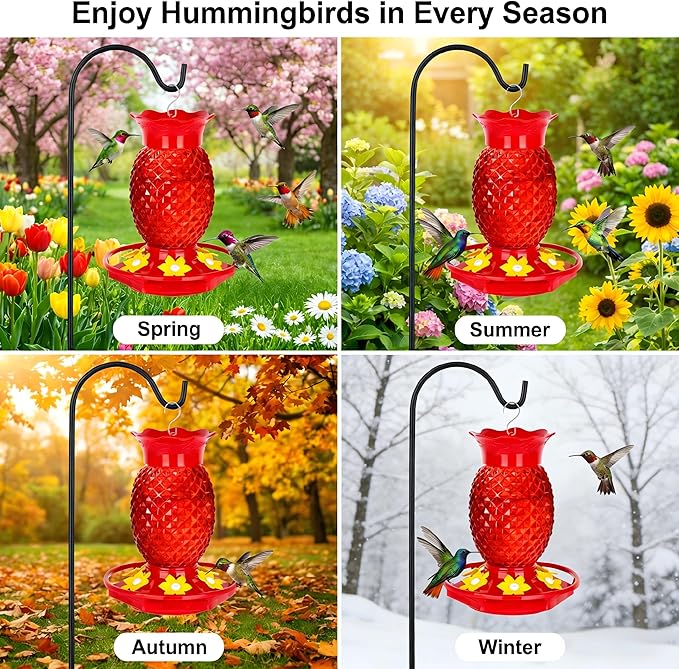 Fchstaer Glass Hummingbird Feeders for Outdoors Hanging Ant and Bee Proof 16OZ 2 Pack Red Pineapple Humming Bird Feeder with 6 Feeding Ports and Ant Moat Hummingbird Gifts for Women Garden Decor