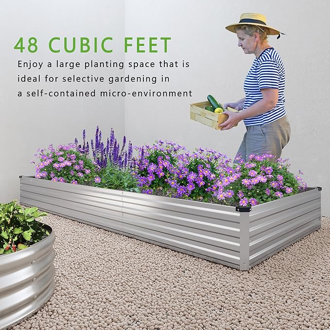 DIIYIV 2PCS 12x4x1FT Galvanized Raised Garden Bed Kit,Vegetable Boxes-Rectangle Metal Flower Box,Large Planter Raised Beds Outdoor Garden for Planting,Fruit,Herb-Silver
