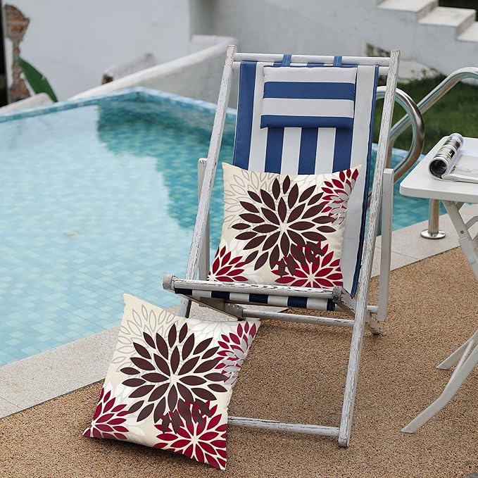 DFXSZ Red Brown Flower Pillow Covers 20x20 Inch Set of 2 White Gray Colored Throw Pillows Outdoor Waterproof Decor for Living Room Sofa Patio Funiture Garden Floral Polyester Pillow Covers 002L20