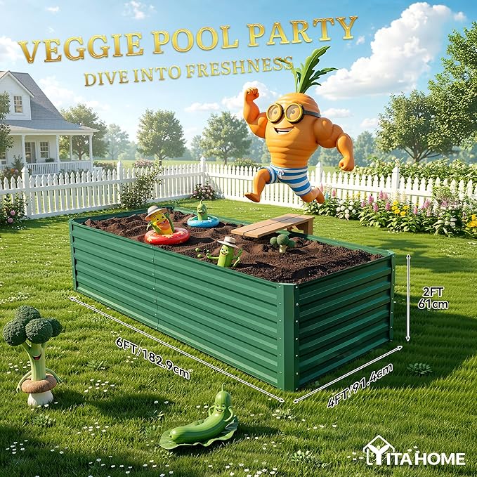 YITAHOME 6x3x2ft 2pcs Large Raised Garden Bed Kit, Galvanized Metal Planter Box with Gloves, Ground Nails, Support Rod, Outdoor Above Ground Planters for Plants Vegetables Flowers, Green