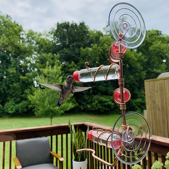 Window Hummingbird Feeder | Handcrafted Copper and Aluminum | Multiple Stations | Modern Hummingbird Feeder | Glass Bottles | Suction Cups (Copper, Four Station)