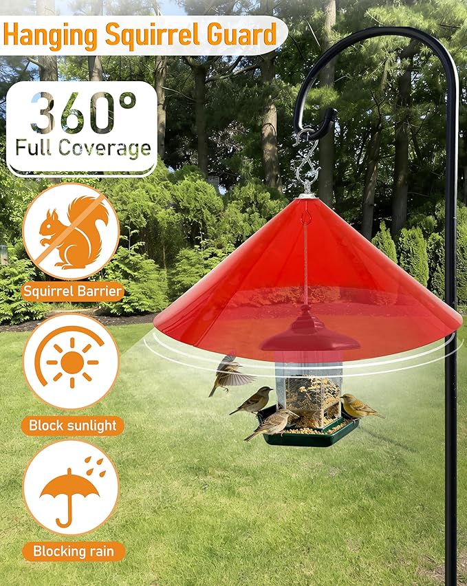Hanging Squirrel Baffle for Bird Feeders,19-Inch Rain Cover for Feeder Pole,Squirrel-Proofs for Outside Shepherd's Hooks,Large Baffle for Hummingbird Feeder (Clear Red)