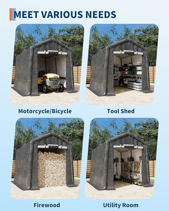 7X10 FT Heavy-Duty Portable Outdoor Storage Shed with Roll-Up Zipper Door & Vent, 240g Waterproof Carport Storage Shelter, UV-Resistant Canopy for Motorcycle, Firewood, Tools -Gray ﻿