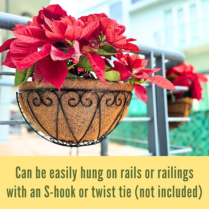LaLaGreen Bundle- 4-Pack, 12 Inch Metal Basket with Coco Liner + 2-Pack, 12 Inch Hanging Basket with Coco Liner Flower Plant Holder Hanger Fence Rail Deck Patio Semi Round Balcony Garden Decor Outdoor