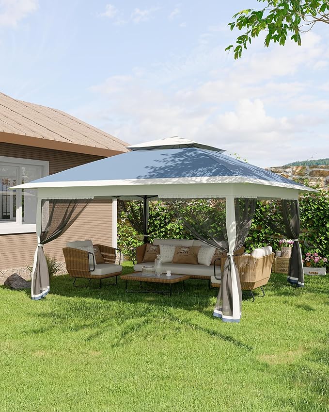 GarveeLife Canopy Tent 13x13 ft, Pop Up Gazebo One-Push Setup with 4 SandBags for Backyard Parties and BBQs, Mosquito Netting & Height Adjustable - Navy Blue
