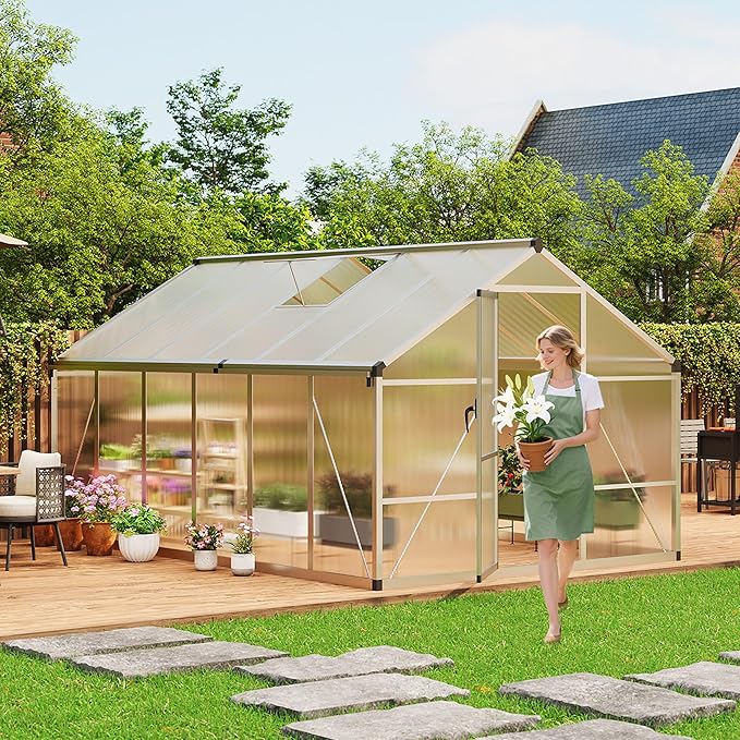 IDEALHOUSE 8×12 FT Greenhouse, Large Walk in Greenhouses for Outdoors and Garden Planting, Polycarbonate Greenhouse with Enhanced Aluminum Frame, Green Houses with Quick Setup Structure and Roof Vent