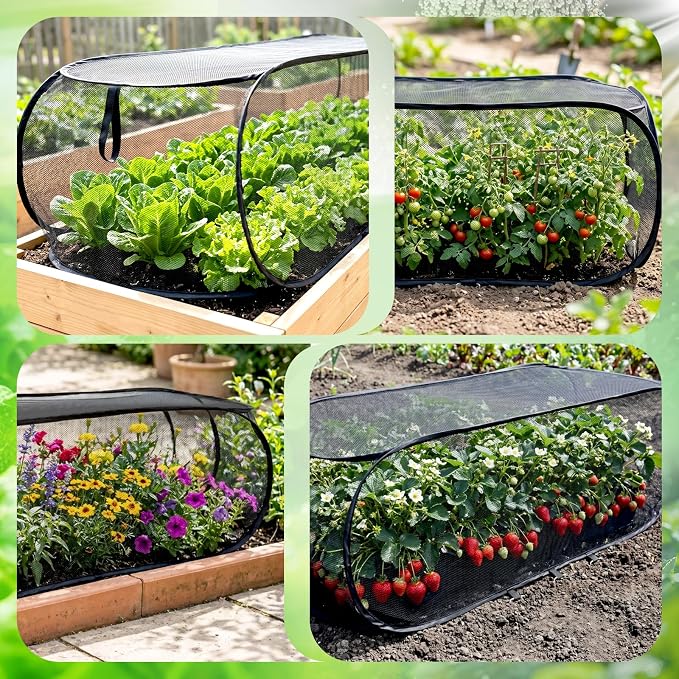BobbleT 2 Pack Garden Covers for Raised Beds, Pop Up Mesh Plant Cover with 30% Sunblock Shade Cloth, Crop Cage for Seedlings & Vegetables, Black Outdoor Garden Bed Cover with 16 Metal Stakes