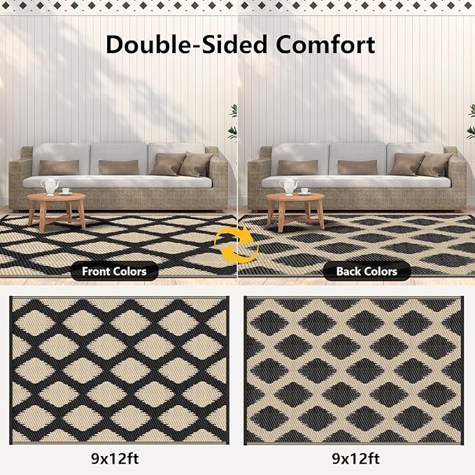 COOLTOP 9'x12’ Outdoor Rug for Patios Porches, Waterproof Plastic Camping Rugs, Modern Reversible Mat, Large Area Rugs for Backyard, Deck, RV, Balcony, Picnic, Beach, Black & Beige