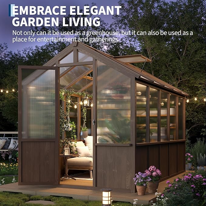6x10 FT Greenhouse - Large Wooden Greenhouses for Outdoors, Heavy Duty Spruce Frame Greenhouse with PC Panels, Adjustable Roof Vents & Lockable Door, Walk-in Green Houses for Garden, Backyard, Patio