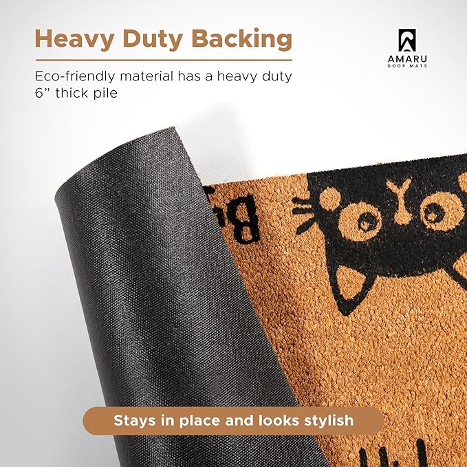 Hi-Bye Cat - 17"x29" - Coir Door Mat with Heavy Duty Backing - Welcome Mats for Entryway, Porch - Anti-Slip PVC & Coconut Fiber Surface - Natural Home Accessories, Minimalist Original Design