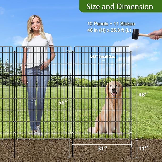 10 Panels No Dig Metal Garden Fence, 48 in (H) x 25.3 ft (L), Tall Animal Barrier Rustproof Outdoor Border for Dogs Rabbits, Decorative Wire Fencing for Yard Patio Temporary Fence with Stakes, Black